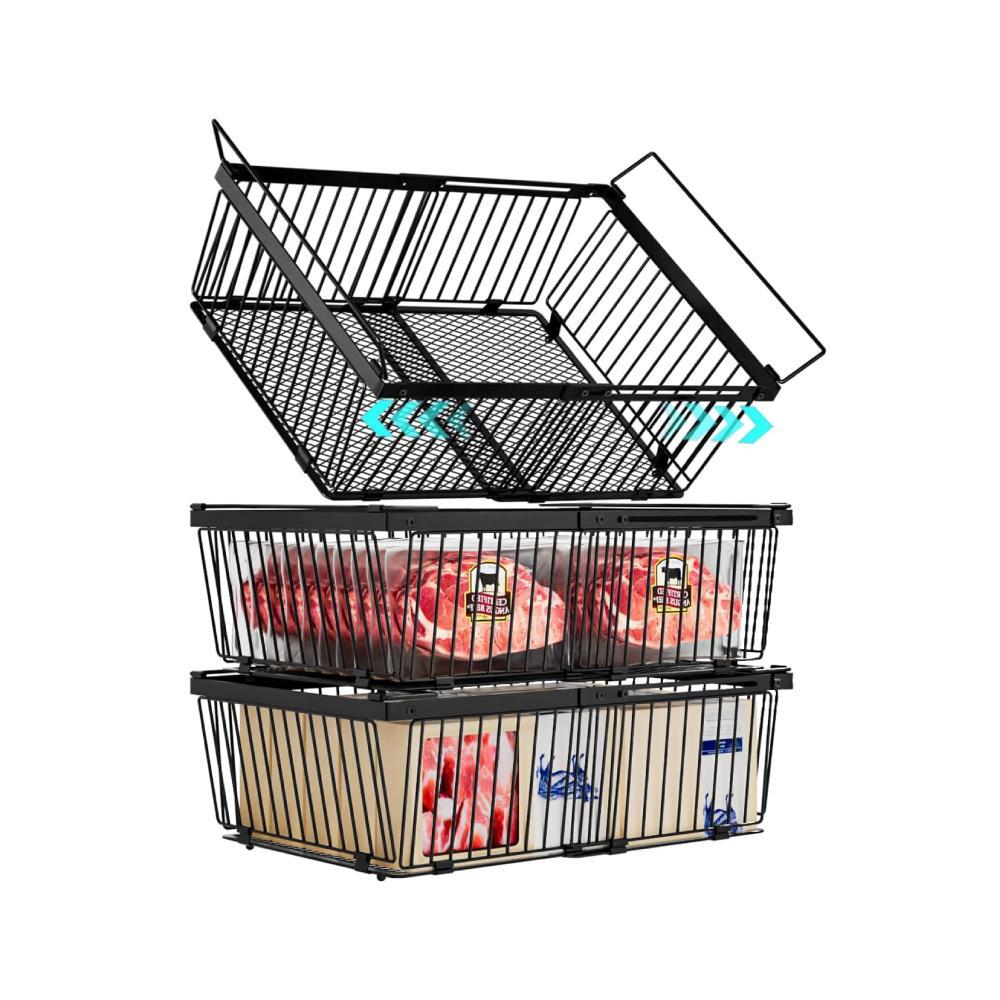 Large Freezer Organizer Bins, Upgraded Bottom Leak-Proof net, Fit 10 to 20 Cu.Ft Deep Freezer, 3 Pack, Expandable Stackable Chest Freezer Organizer Bins, for Fridge, Deep Freezer, Cabinet (Black)