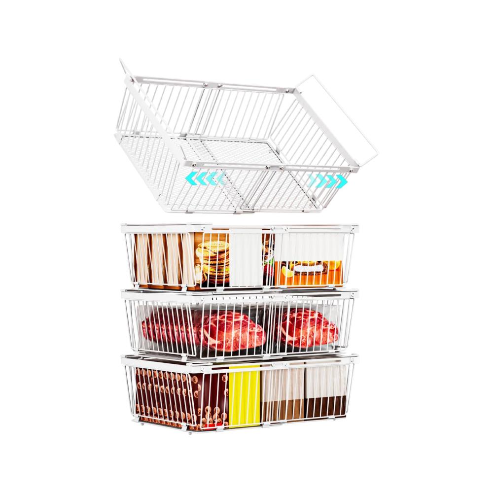 Large Freezer Organizer Bins, Upgraded Bottom Leak-Proof net, 4 Pack, Expandable Stackable Chest Freezer Containers with Handle, for Fridge, Deep Freezer, Cabinet, Kitchen, Pantry (White-4Pack)