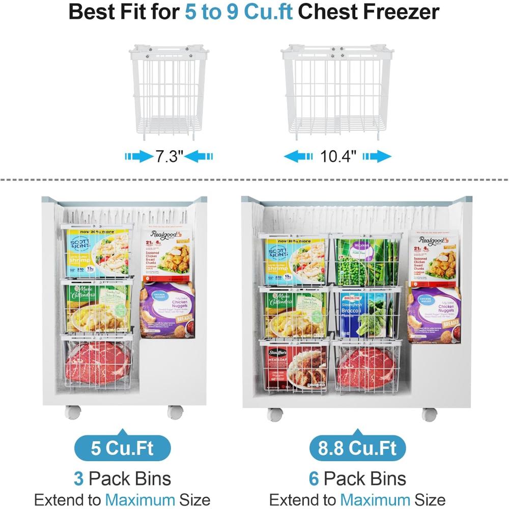 Freezer Organizer Bins - 6 Pack Adjustable Width for 5 to 7 Cu.Ft Chest Freezers, Stackable Wire Storage Baskets, Assembly Required, White - Image 4