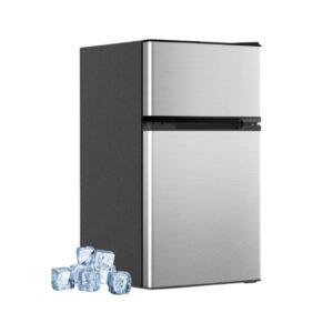 Mini Fridge with Freezer, 3.2 Cu.Ft Compact Refrigerator with 2 Doors, Small Fridge with Adjustable Thermostat & Removable Glass Shelves for Bedroom, Office, Dorm, or Apartment, Silver