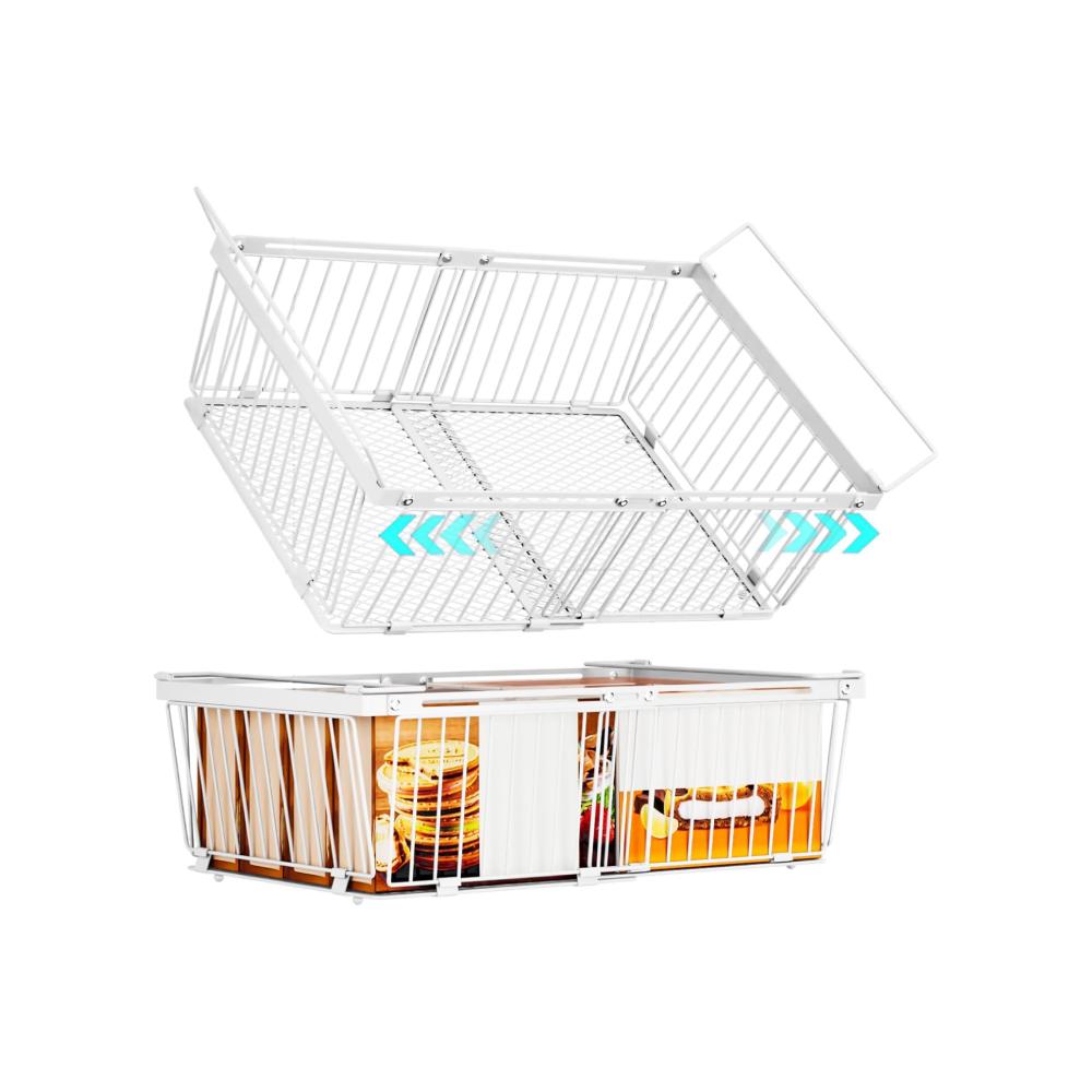 Large Freezer Organizer Bins, Upgraded Bottom Leak-Proof net, 2 Pack, Expandable Stackable Chest Freezer Containers with Handle, for Fridge, Deep Freezer, Cabinet, Kitchen, Pantry (White-2Pack)
