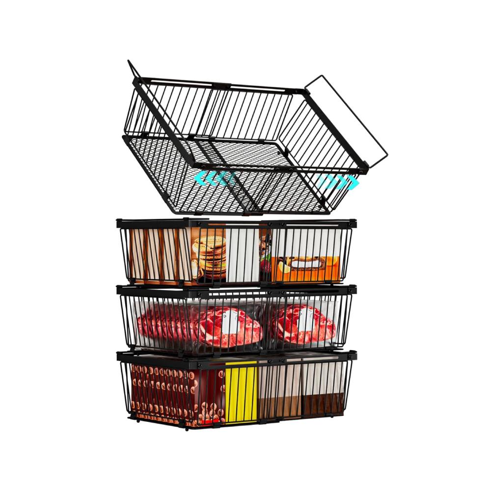 Large Freezer Organizer Bins, Upgraded Bottom Leak-Proof net, Fit 10 to 20 Cu.Ft Deep Freezer, 4Pack, Expandable Stackable Chest Freezer Organizer Bins , for Fridge, Deep Freezer, Cabinet (Black)