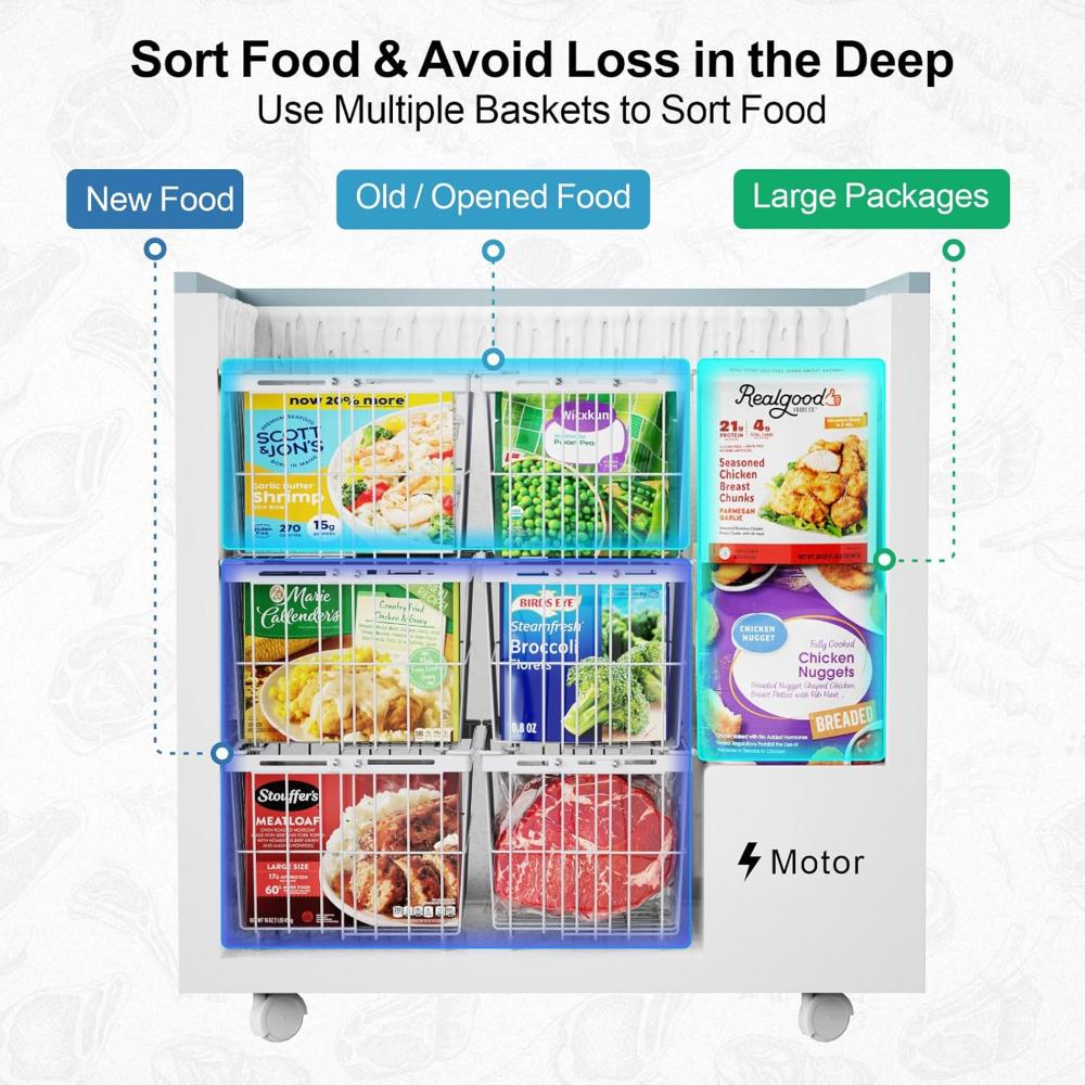 Freezer Organizer Bins - 6 Pack Adjustable Width for 5 to 7 Cu.Ft Chest Freezers, Stackable Wire Storage Baskets, Assembly Required, White - Image 2