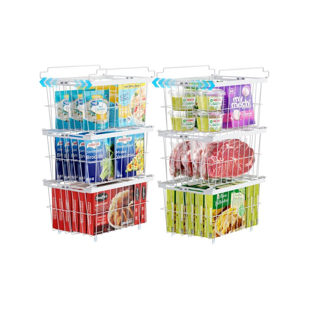Freezer Organizer Bins - 6 Pack Adjustable Width for 5 to 7 Cu.Ft Chest Freezers, Stackable Wire Storage Baskets, Assembly Required, White