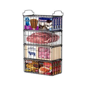 4 Pack Stackable Deep Chest Freezer Organizer Bins, Foldable Baskets with Handles, Black Storage Container Baskets for 5/ 7 Cu.FT Deep Freezer Sort Frozen Meats