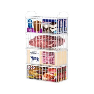 4 Pack Stackable Deep Chest Freezer Organizer Bins, Foldable Baskets with Handles, White Storage Container Baskets for 5/ 7 Cu.FT Sort Frezen Meats