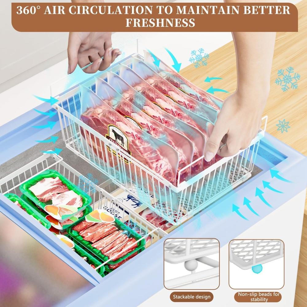 Large Freezer Organizer Bins, Upgraded Bottom Leak-Proof net, 2 Pack, Expandable Stackable Chest Freezer Containers with Handle, for Fridge, Deep Freezer, Cabinet, Kitchen, Pantry (White-2Pack) - Image 6