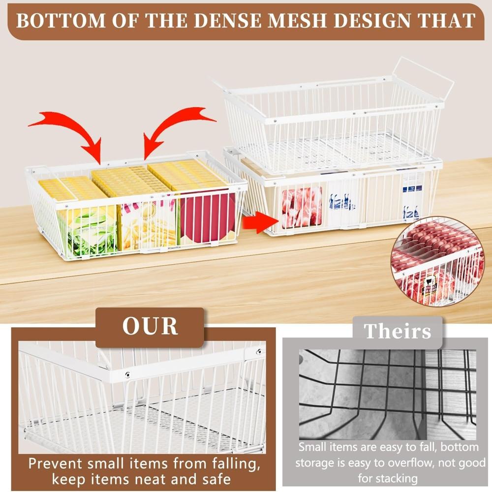Large Freezer Organizer Bins, Upgraded Bottom Leak-Proof net, 2 Pack, Expandable Stackable Chest Freezer Containers with Handle, for Fridge, Deep Freezer, Cabinet, Kitchen, Pantry (White-2Pack) - Image 3
