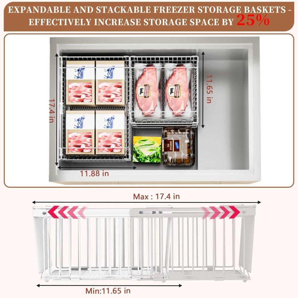 Large Freezer Organizer Bins, Upgraded Bottom Leak-Proof net, 2 Pack, Expandable Stackable Chest Freezer Containers with Handle, for Fridge, Deep Freezer, Cabinet, Kitchen, Pantry (White-2Pack) - Image 2