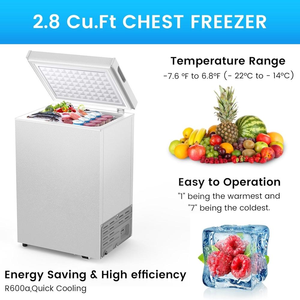 Chest Freezer 2.8 Cu. Ft Deep Freezers with 2 Removable Baskets, Top Opening Door Compact Small Congelador, Adjustable 7-Temperature Control for Outdoor, Dorm Apartment, Commercial (Black) - Image 6